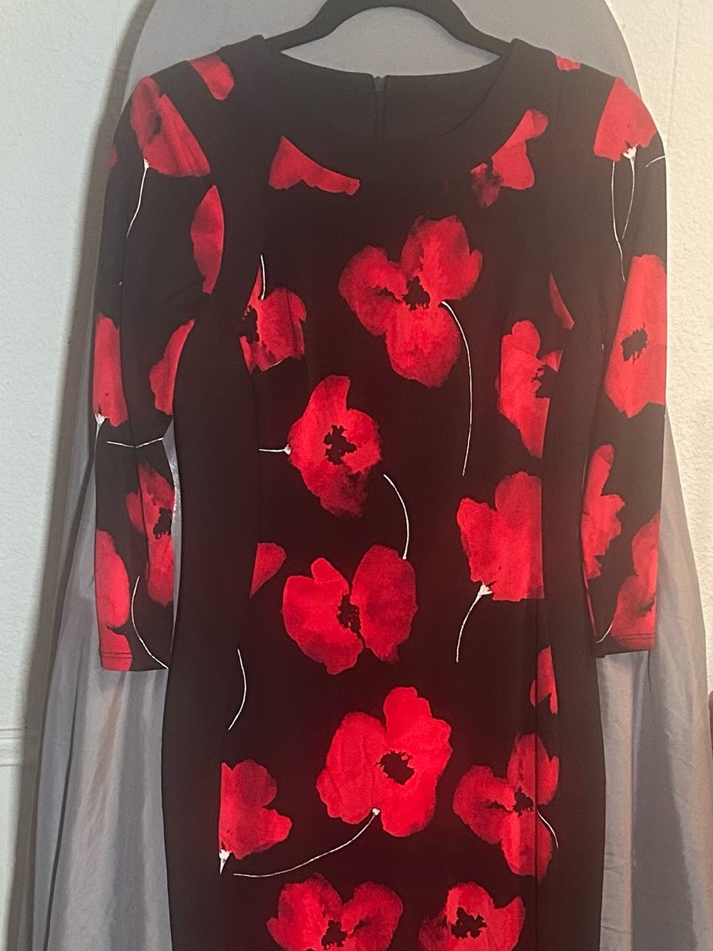 Maggy London Black Sheath Dress with Red Floral Print